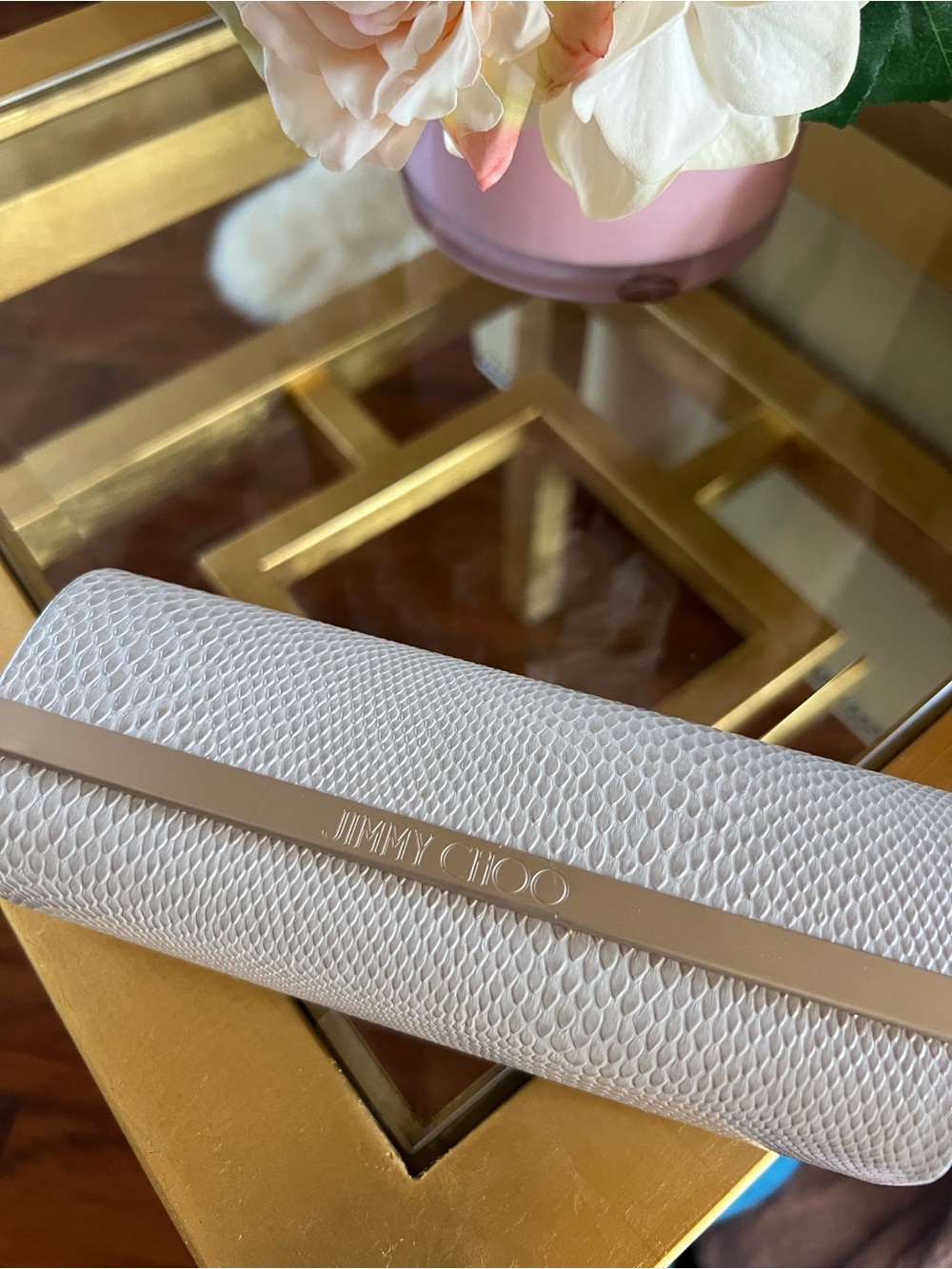 Jimmy Choo White Textured Sunglasses Case with Gold Accent